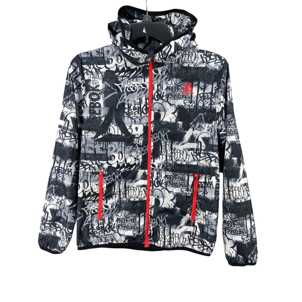 Reebok Jacket Sz 10 12 Kids Graffiti Print‎ Hooded Lightweight Windbreaker